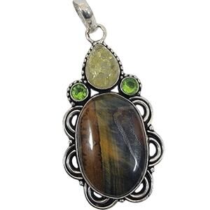 Handmade Silver Pendant with Tiger Eye, Citrine and Green Peridot Gemstones